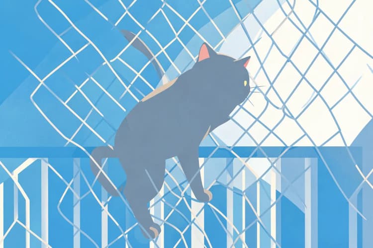 Um gato cinza escalando uma rede de proteção em uma varanda, com o fundo desfocado.