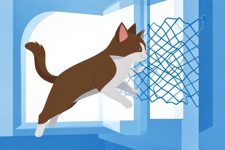 Um gato marrom e branco pulando em direção a uma rede de proteção em uma janela.