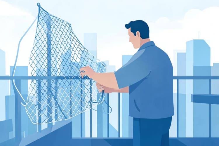 Um homem instalando uma rede de proteção em uma varanda com vista para a cidade.