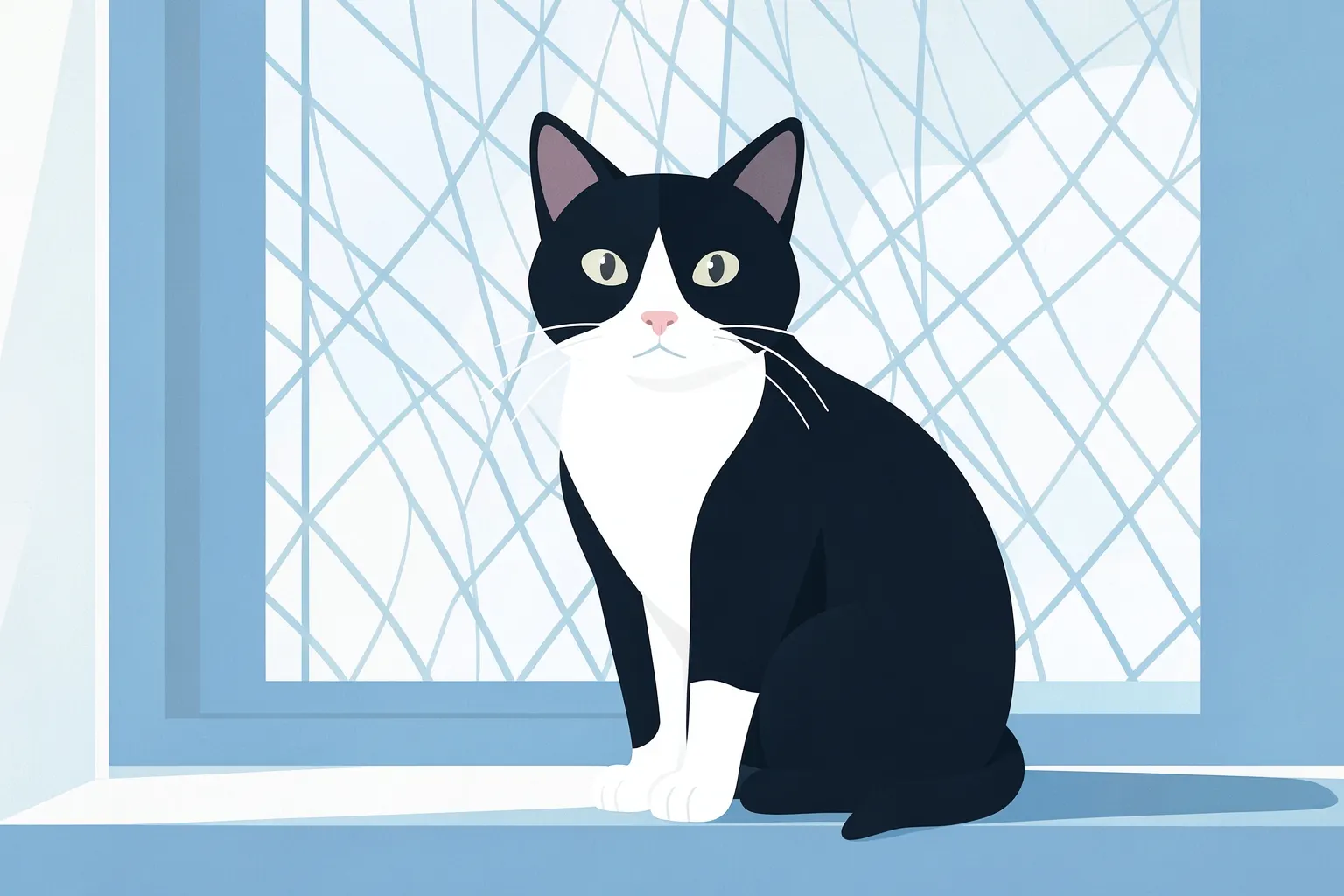 Um gato preto e branco olhando atentamente para a câmera, sentado em uma janela com uma rede de proteção visível ao fundo.